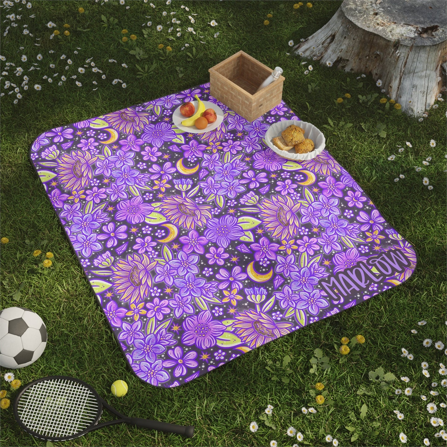 Personalized Purple Floral Picnic Blanket Waterproof